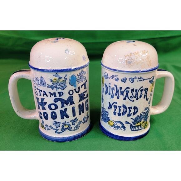 Vtg Lg Pair Salt & Pepper Shakers Stamp Out Home Cooking Dishwasher Needed - Picture 1 of 11